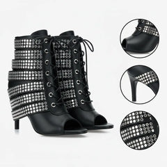 Tuhoomall Western Style Sparkling Ankle Boots with Peep Toe for Parties and Performances, High Heels, Studded Design, All-Season Fashion Tuhoomall