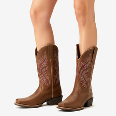 Tuhoomall Western Floral Embroidered Mid-Heel Cowboy Boots for Women, Stylish Casual Footwear for All Seasons
