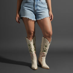 Tuhoomall Desert Style Floral Embroidered Knee-High Boots, Chunky Heel for Vintage Casual Looks and Theme Parties