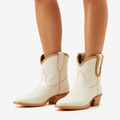 Tuhoomall Comfortable Western Style Ankle Boots for Women, Casual Workwear, Round Toe, Chunky Heel, Seasonless, Woven Colorblock Design