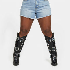 Tuhoomall Western Cowboy Knee High Boots for Women - Floral Pattern, Foldable Design, Chunky Heel, Perfect for Fashion, Outdoor and Casual Wear