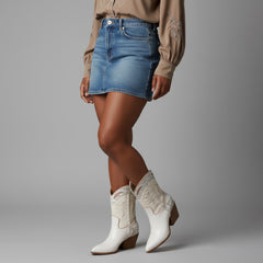 Tuhoomall Floral Ankle Cowboy Boots for Women, Low Chunky Heel 2.75 in, Elegant Vegan Leather, Perfect for Casual and Formal Occasions