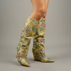 Tuhoomall Over-The-Knee Western Style Boots For Women, Comfortable Floral Design, Perfect For Parties And Casual Outfits