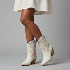 Tuhoomall Floral Ankle Cowboy Boots for Women, Low Chunky Heel 2.75 in, Elegant Vegan Leather, Perfect for Casual and Formal Occasions