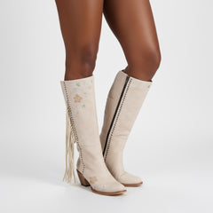 Tuhoomall Western Cowboy Boots for Women, Floral Embroidered Mid-Calf Chunky Heel, Trendy Fringe Detail, Perfect for Casual Outings and Performances