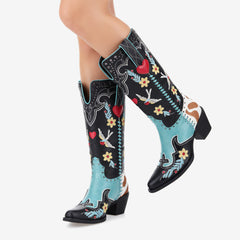 Tuhoomall Western Floral Embroidery Mid-Calf Boots - Trendy Slip-On Style for Parties and Performances, Comfortable Rubber Sole
