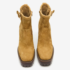 Tuhoomall Waterproof Chunky Heeled Ankle Boots for Outdoor, Work, and Casual Fashion - Adjustable Buckle, Zipper Closure, Quilted Suede