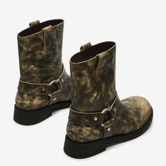 Tuhoomall Western Cowboy Ankle Boots for Women, Vintage Chunky Heel Booties, Easy Slip-On Design, All-Weather Comfort with Metal Buckle Detail