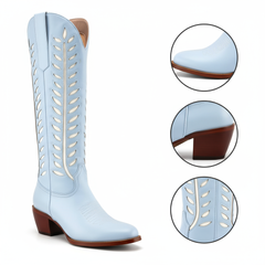 Tuhoomall Western Mid Calf Boots for Women, Embroidered Vegan Leather, Casual Chunky Heel, Spring Autumn Winter Fashion