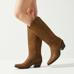 Tuhoomall Western Over-the-Knee Boots for Women, Floral Embroidered Chunky Heel, Comfortable Slip-On, Stylish for Travel and Outdoor Fashion