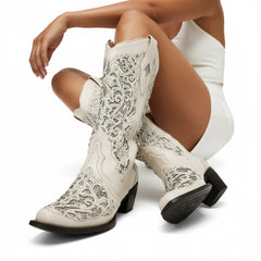 Tuhoomall Cowboy Boots for Women Western Square Toe Mid Calf White Cowgirl Boots Rhinestone Chunky Wedding