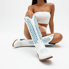 Tuhoomall Western Mid Calf Boots for Women, Embroidered Vegan Leather, Casual Chunky Heel, Spring Autumn Winter Fashion