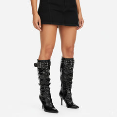 Tuhoomall Heels Boots for Women, Comfortable Folds, Outdoor Fashion, 9.5cm Heels, Slip-On Style, Metal Buckles, Versatile Casual Wear