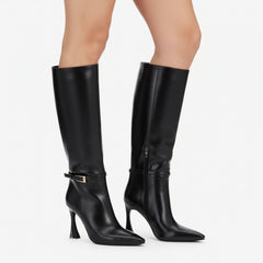 Tuhoomall Knee High Fashion Boots, Pointed Toe Design, Irregular High Heel, Adjustable Buckle for Parties and Casual Outings