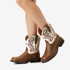 Tuhoomall Western Cowboy Ankle Boots for Women, Embroidered Short Boots for Outdoor Fashion Casual Wear, Comfortable Round Toe with Slip-On Design