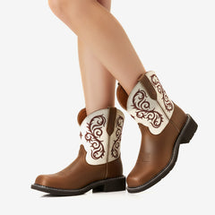 Tuhoomall Western Cowboy Ankle Boots for Women, Embroidered Short Boots for Outdoor Fashion Casual Wear, Comfortable Round Toe with Slip-On Design Tuhoomall