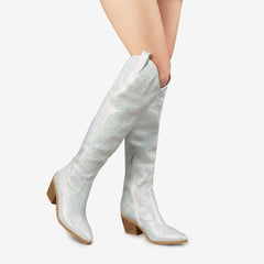 Tuhoomall Western Over-Knee Cowboy Boots With Chunky Heel, Rhinestone-Studded Vegan Leather, Casual All-Season Style, Round Toe, Zipper Closure