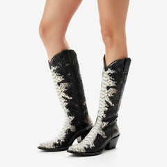 Tuhoomall Western Style Knee-High Cowboy Boots For Women, Comfortable Ankle Design, Fashionable Casual Look With Faux Leather In Crocodile & Snake Patterns