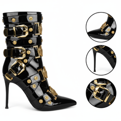 Tuhoomall Fashion Stiletto Mid Calf Boots With Pointed Toe And Zipper Closure, Multi-Strap Design Featuring Buckle And Hardware Accessories For Party And Street Wear Tuhoomall