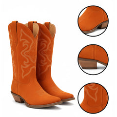 Tuhoomall Western Mid Calf Boots with Chunky Heel and Snip Toe - Casual Faux Suede Design with Embroidery for All Seasons Tuhoomall