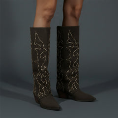 Tuhoomall Western Style Floral Embellished Women's Mid-Calf Boots with Chunky Heel for Fashionable Outdoor Casual Wear