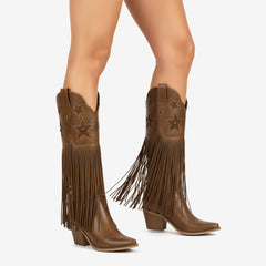Tuhoomall Comfortable Western Knee-High Boots with Fringe and Studs for Fashion, Party, and Performance - 7.5cm Chunky Heel, All-Season Wear