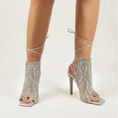 Tuhoomall Stylish High Heel Open-Toe Ankle sandals with Rhinestones for Party and Performance, Chunky Design and Lace-Up Closure, Perfect for All Seasons