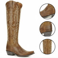 Tuhoomall Western Knee-High Cowgirl Boots with Embroidery, Chunky Heel, Slip-On Design for Outdoor Adventures