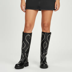 Tuhoomall Comfortable Knee-High Boots with Geometric Patterns, Low Heel, Perfect for Performances and Casual Fashion