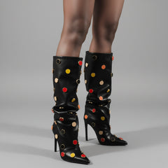 Tuhoomall Stunning over-the-knee High Heels Womens Boots with Polka Dot Pattern for Parties and Performances, Synthetic Leather, 12cm Heel