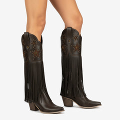 Tuhoomall Comfortable Western Knee-High Boots with Fringe and Studs for Fashion, Party, and Performance - 7.5cm Chunky Heel, All-Season Wear