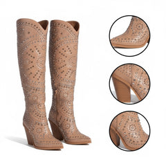 Tuhoomall Western Style Mid Calf Cowboy Boots with Chunky Heel, Pointed Toe, Zipper Closure, Studded Design, Vegan Leather, Ideal for Spring, Fall & Winter