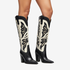 Tuhoomall Fashion Casual Knee-High Boots with Embroidery, Lizard Pattern Chunky Heel for Travel, Work, Party and Evening Wear