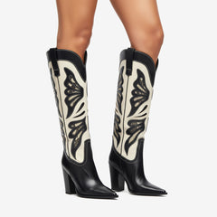 Tuhoomall Fashion Casual Knee-High Boots with Embroidery, Lizard Pattern Chunky Heel for Travel, Work, Party and Evening Wear Tuhoomall
