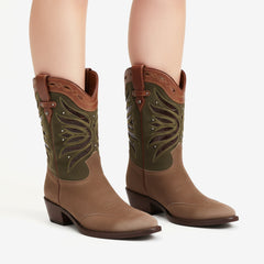 Tuhoomall Western Cowboy Ankle Boots for Women, Stylish Travel and Outdoor Short Booties, Floral Embroidery and Studded Design, Comfortable Chunky Heel