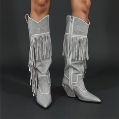 Tuhoomall Knee High Suede Boots For Women With Chunky Heel, Pointed Toe, Tassel And Rhinestones, Perfect For Fashion, Casual And Outdoor Wear