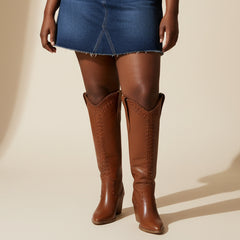 Tuhoomall Western Knee-High Boots for Women, 7cm Chunky Heels, Slip-On Style, Durable Woven Leather, Perfect for Work and Casual Occasions