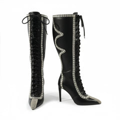 Tuhoomall Knee High Sparkling Rhinestone Heeled Boots for Parties, Performances, and Outdoor Fashion Fun