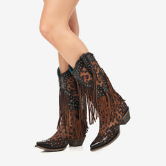 Tuhoomall Western Style Women's Cowboy Boots, Casual Mid-Calf Shoes with Animal Print, Fringe, and Studs, Chunky Heel, All-Season Wear Tuhoomall