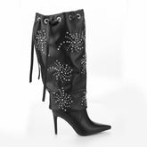 Tuhoomall Knee High Stiletto Boots With Studs And Ruffles For Parties - Elegant Pointed Toe And Adjustable Straps
