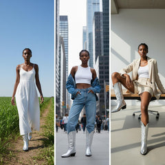 Tuhoomall Silver Metallic Knee High Western Boots for Women with Block Heel, Stylish Embroidered Full-Grain Leather, Easy Pull-On, Perfect for Casual Fashion