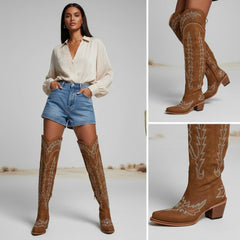 Tuhoomall Western Knee High Boots for Women, Floral Embroidery, Rubber Sole, Adjustable Buckle, Chunky Heel, All-Season Casual Wear