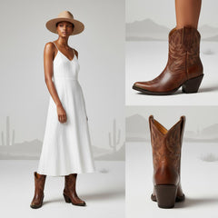 Tuhoomall Western Style Ankle Boots For Women, Vintage Plain Leather, Low Heel, Casual Chic, All-Season Fashion, Unique Embroidery Design