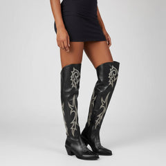Tuhoomall Western Over-the-Knee Boots for Women, Chunky Heel, Snip-Toe, Embroidered, Slip-On, Distressed Style for Parties and Casual Outings
