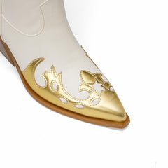 Tuhoomall Off White Star Metallic Gold Applique Wide Mid Calf Boots Slanted Heeled Cowgirl Boots