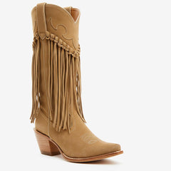 Tuhoomall Comfortable Western Knee-High Boots for Parties and Outdoor Activities with Fringe Embroidery, Rubber Sole, and 7.5cm Chunky Heel Tuhoomall