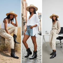 Tuhoomall Western Cowboy Ankle Boots for Women, Vegan Leather, Chunky 2" Heel, Snip Toe Design, Stylish Star Appliqué, All-Season Fashion