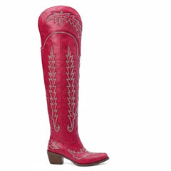 Tuhoomall Western Knee High Boots for Women, Floral Embroidery, Rubber Sole, Adjustable Buckle, Chunky Heel, All-Season Casual Wear Tuhoomall