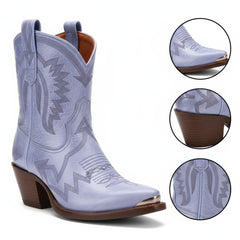 Tuhoomall Metallic Western Ankle Boots for Women - Stylish Slip-On Design with Embroidered Floral Pattern, Casual All-Season Footwear