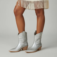 Tuhoomall Metallic Cowboy Ankle Boot with Chunky Block Heel, Pointed Toe, Embroidered Design for Casual Fashion Use, Vegan Leather, All Seasons